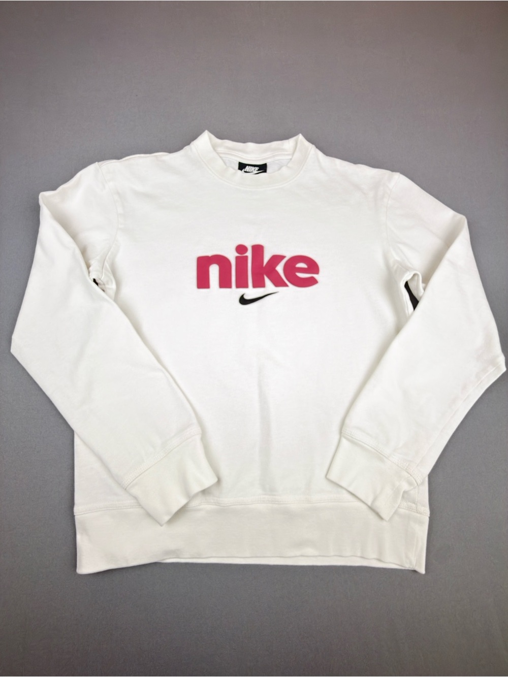 Nike Women’s Cream Long Sleeve Crewneck with Pink Logo and Black Swoosh
